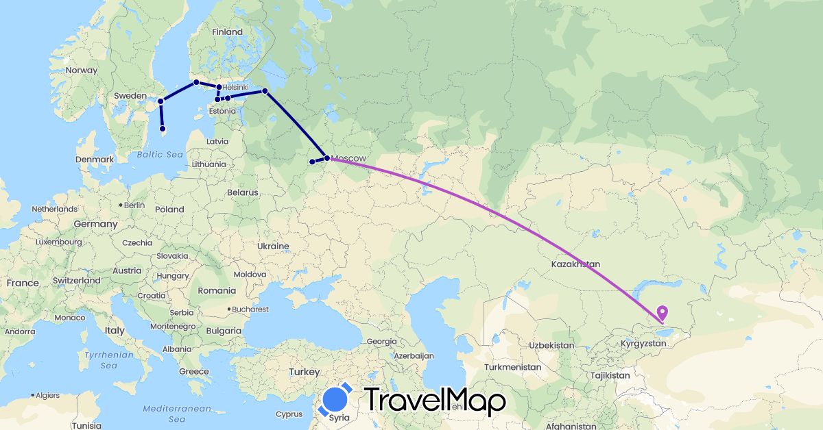 TravelMap itinerary: driving, train in Estonia, Finland, Kazakhstan, Russia, Sweden (Asia, Europe)